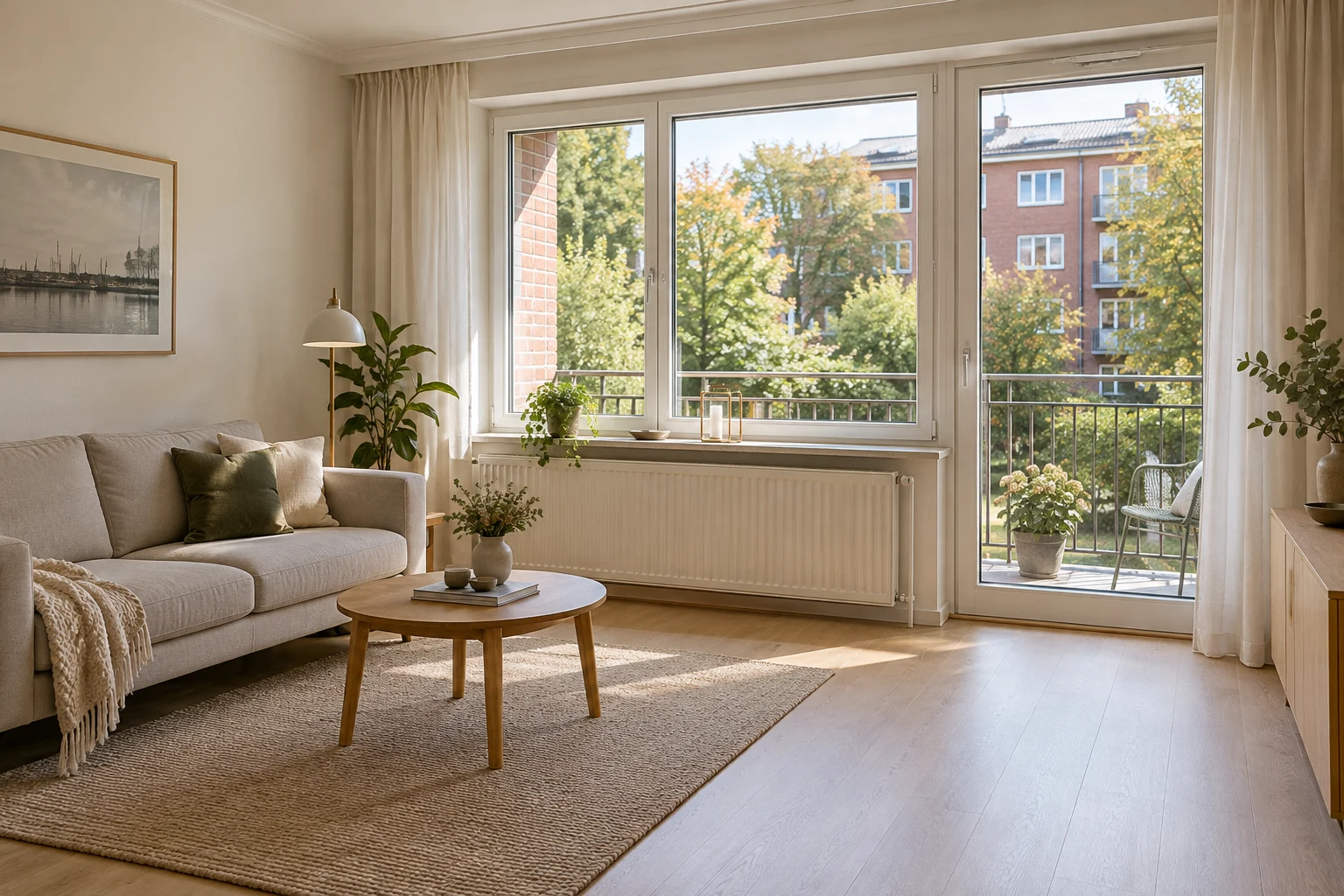 Helles Wohnzimmer einer Wohnung mit großen Fenstern und Blick in einen begrünten Hof zwischen Backsteinhäusern.